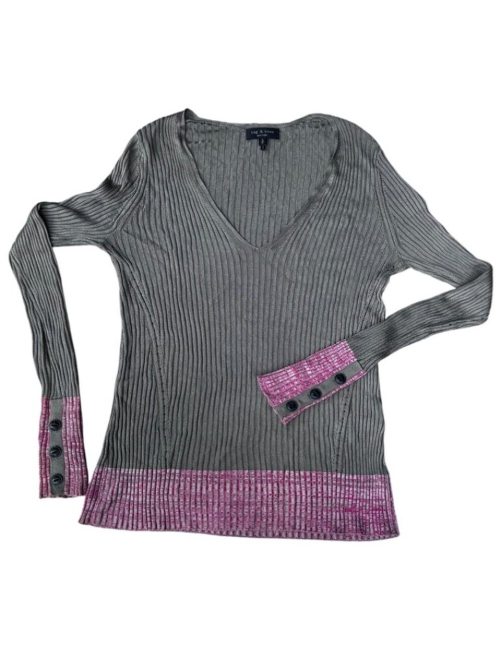 rag & bone khaki pink marl trim fine ribbed v enck sweater S